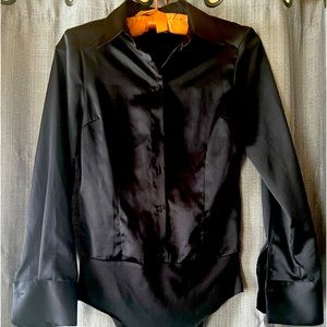 Black satin Zara bodysuit . Collar , wide cuff . Size xs